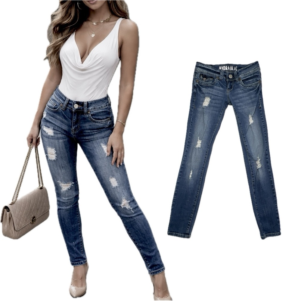 Hydraulic Jeans Distressed Ultra Super Skinny Low Rise Juniors 1/2 Blue - Picture 5 of 16